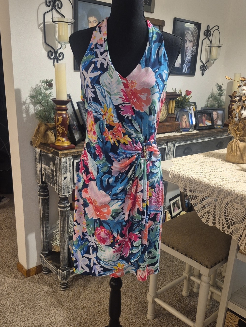 Tommy Bahama Navy Floral Halter Tie-Waist Midi Dress